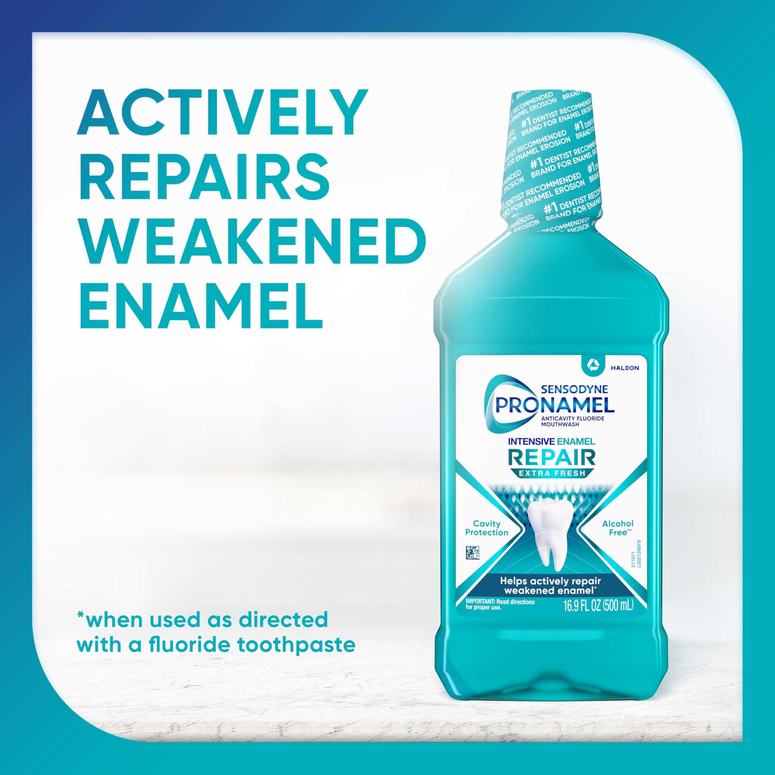 Sensodyne Pronamel Extra Fresh mouthwash cap close-up highlighting refreshing flavor.
