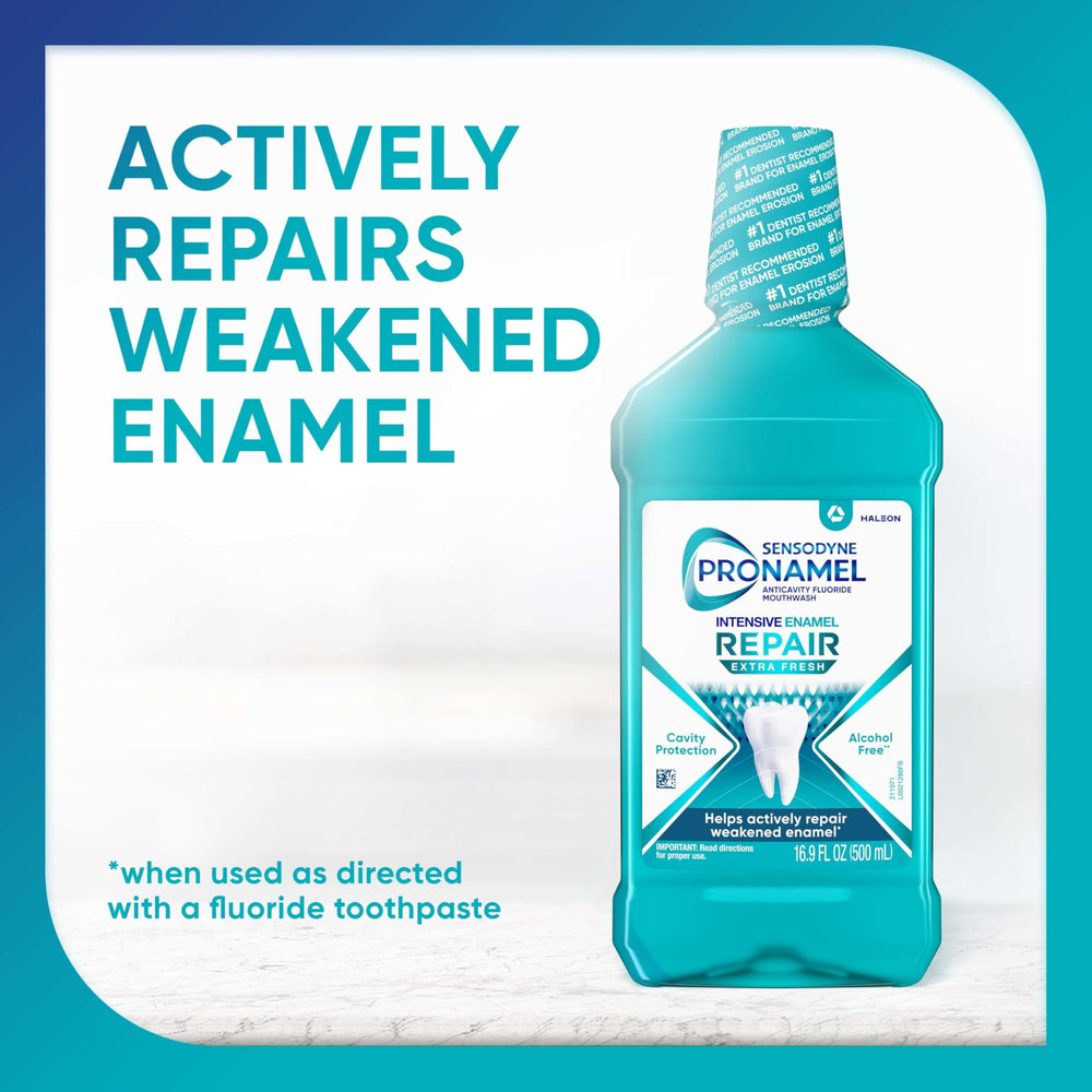Sensodyne Pronamel Extra Fresh mouthwash cap close-up highlighting refreshing flavor.