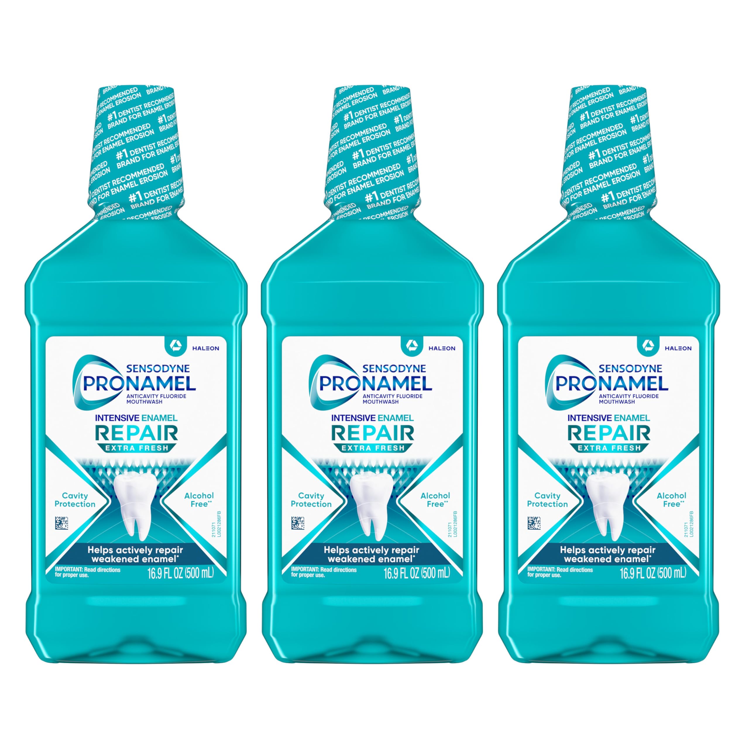 Sensodyne Pronamel Intensive Repair mouthwash 3-pack bottles showcasing enamel repair potential.