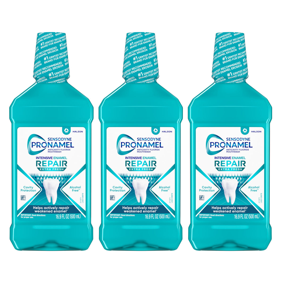 Sensodyne Pronamel Intensive Repair mouthwash 3-pack bottles showcasing enamel repair potential.