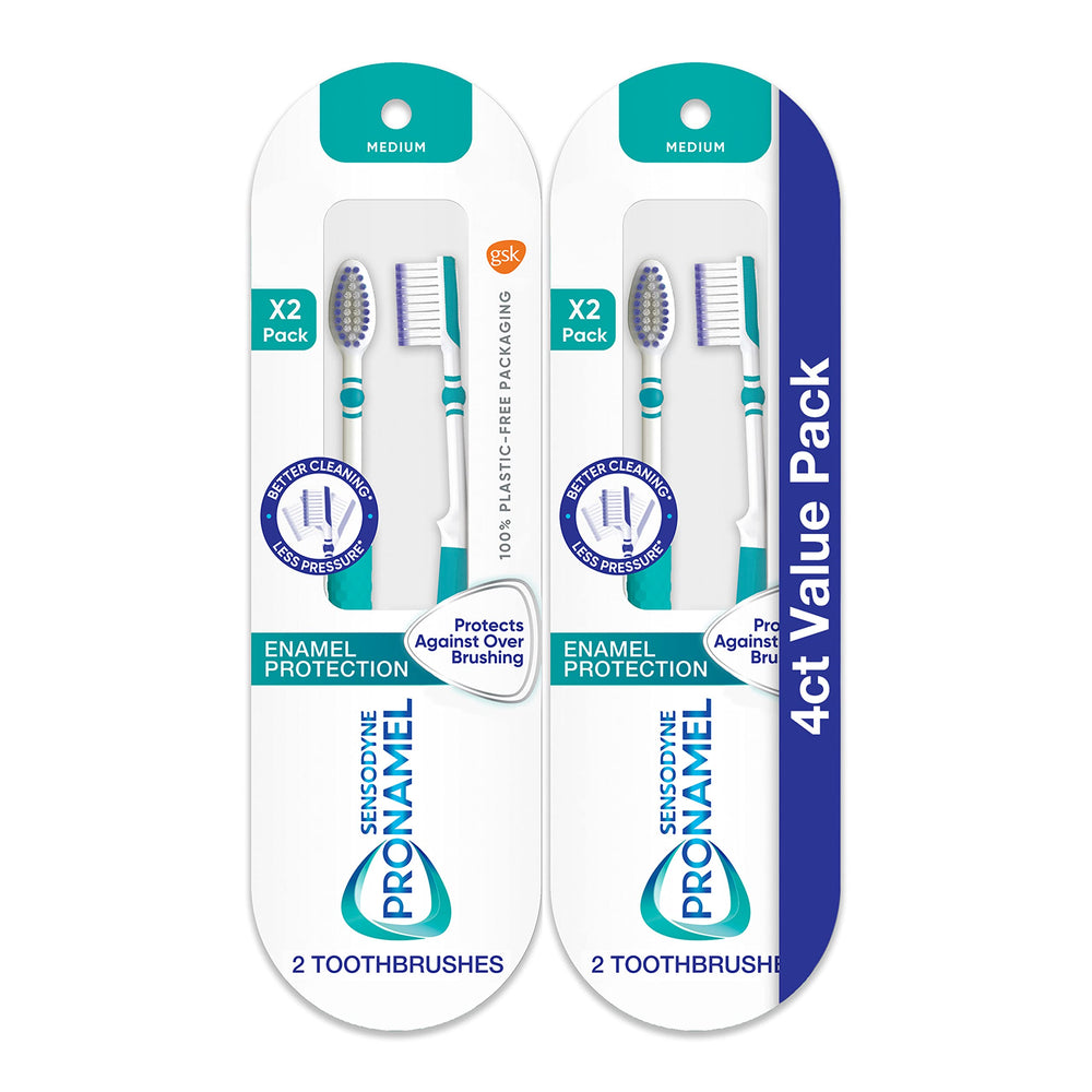 Sensodyne Pronamel medium toothbrush with DuoFlex neck for gentle enamel-friendly cleaning.