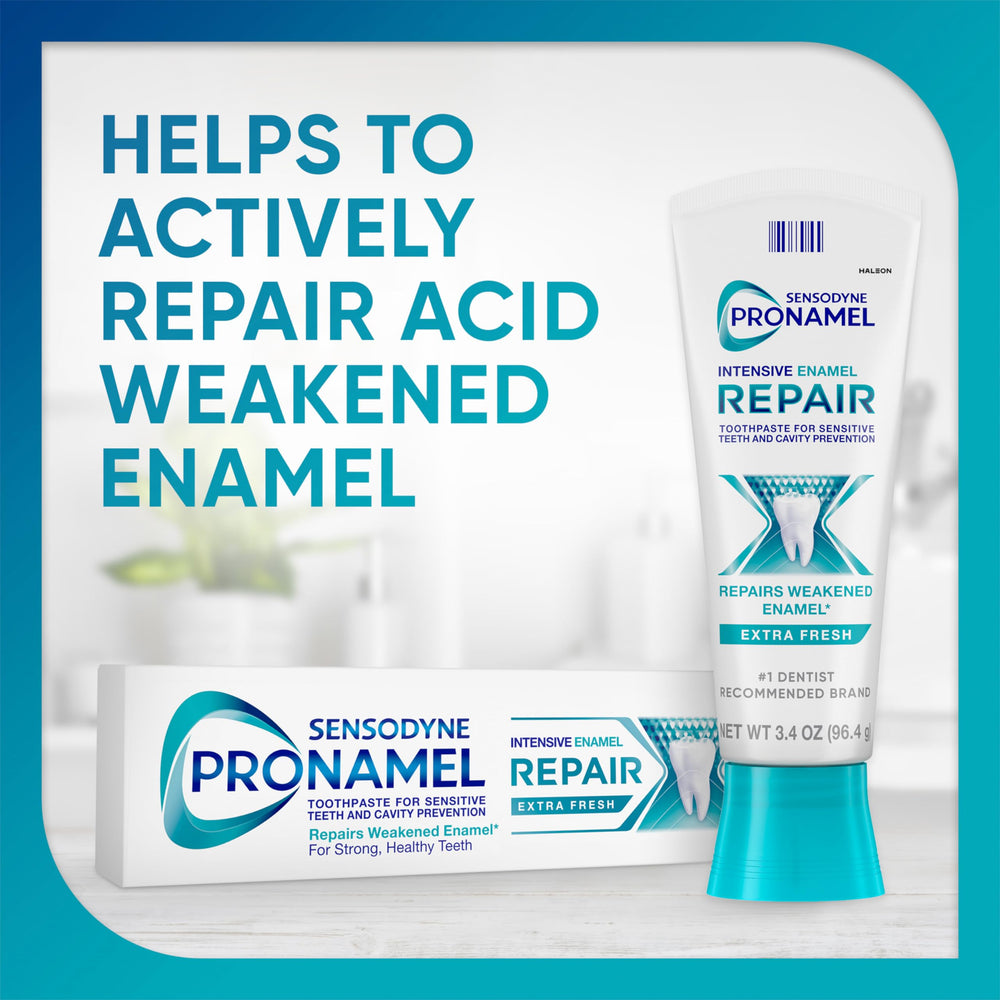 Close-up of Pronamel tube label highlighting enamel repair focus
