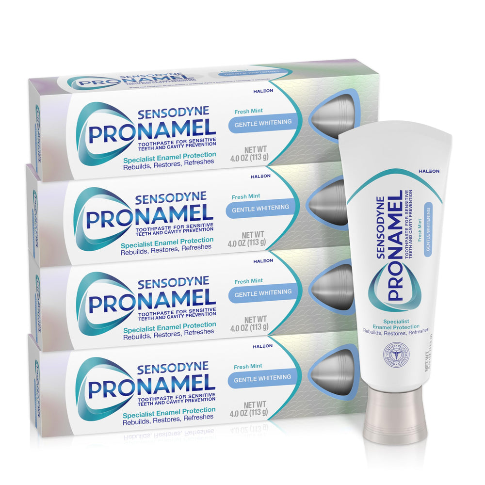 Sensodyne Pronamel toothpaste tubes with fresh mint for enamel protection in a 4-pack.