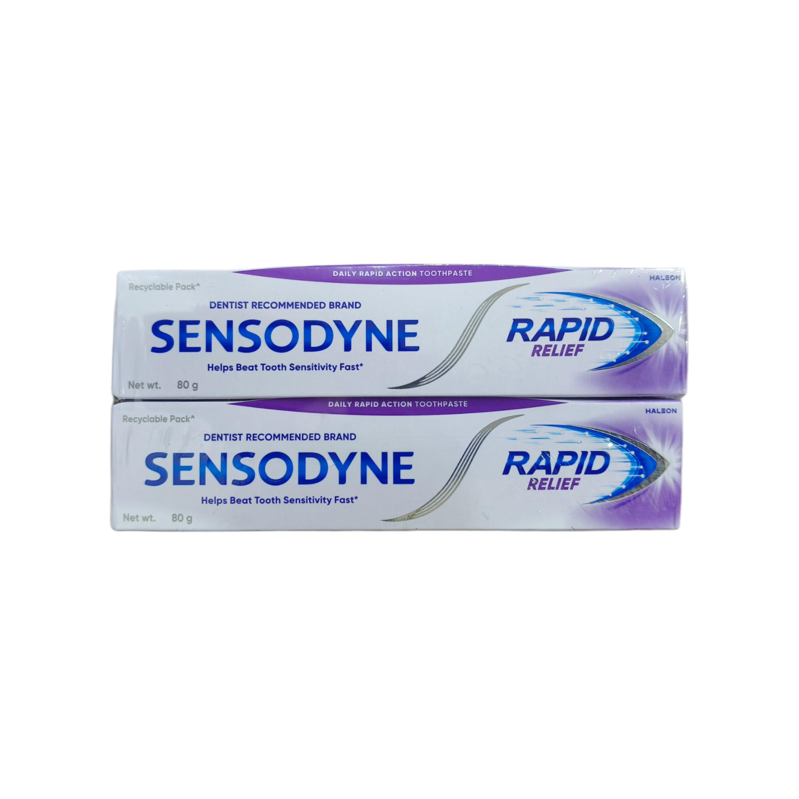 Sensodyne Rapid Relief toothpaste on bathroom shelf, two-pack simplifies home and travel use.