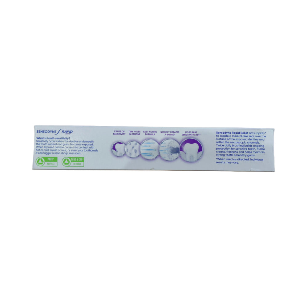 Packaging label of Sensodyne Rapid Relief 80g highlights features for sensitive teeth.