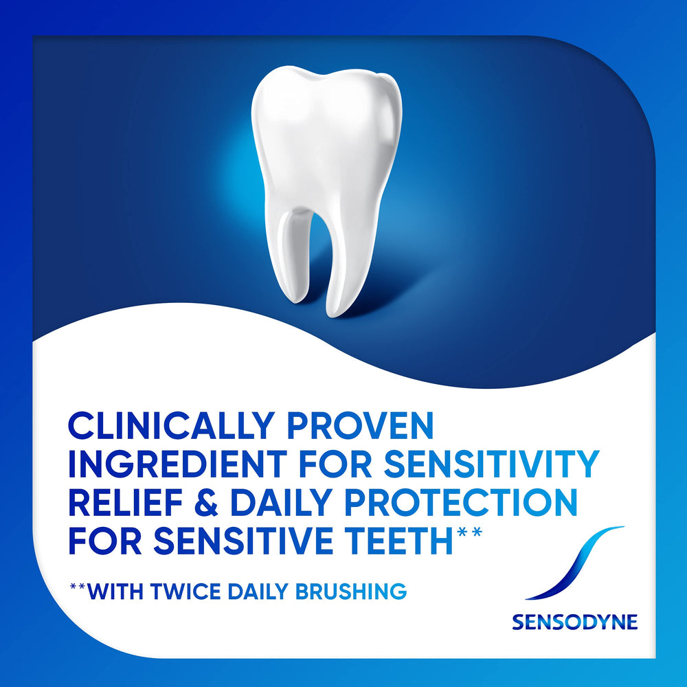 Sensodyne Repair and Protect toothpaste on bathroom shelf in routine setup