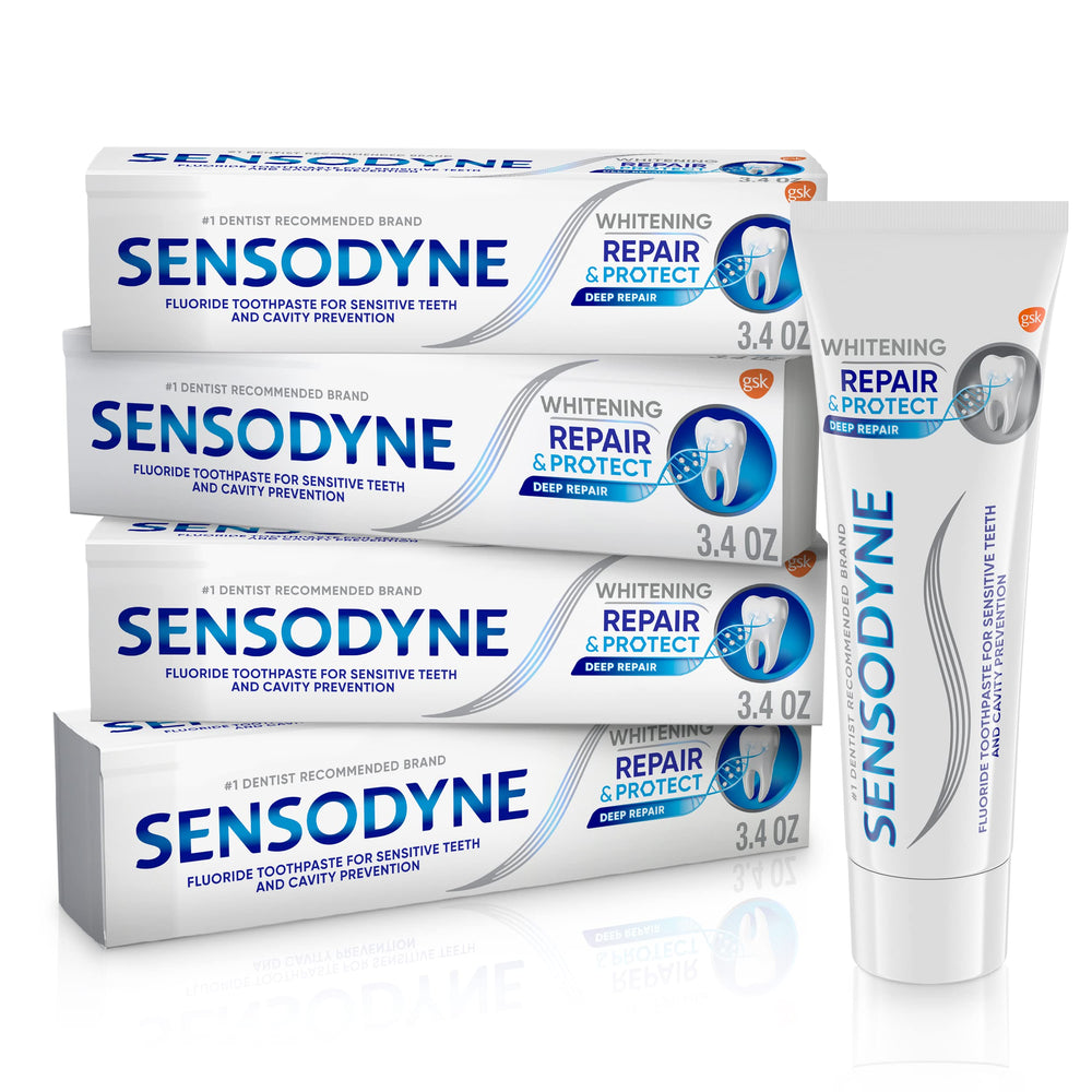 Sensodyne Repair and Protect Whitening toothpaste tubes pack 4, front view for daily whitening.