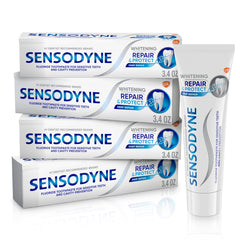 Sensodyne Repair and Protect Whitening toothpaste tubes pack 4, front view for daily whitening.