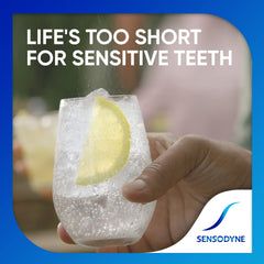 Sensodyne Repair and Protect Whitening toothpaste tubes side view, compact packaging for travel.