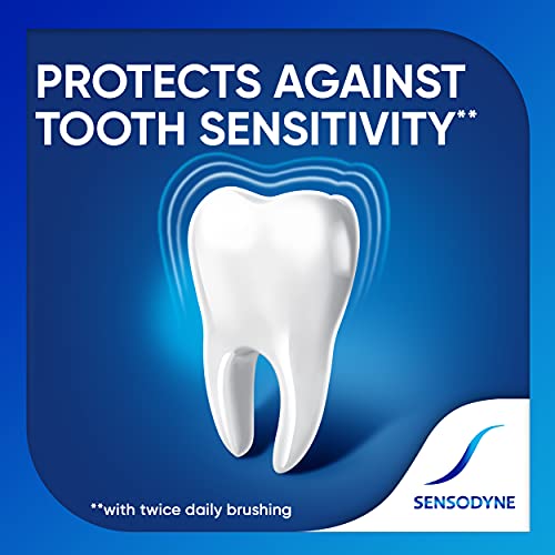 Sensodyne Repair and Protect Whitening tubes closeup with product text.