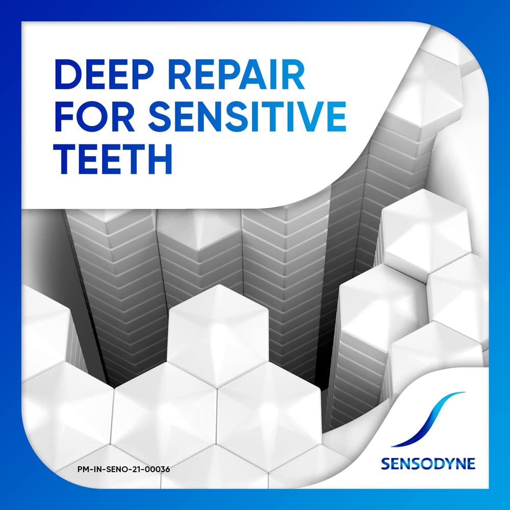 Person brushing with Sensodyne Repair and Protect for sensitive teeth relief.