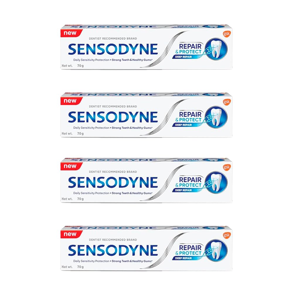 Sensodyne Repair and Protect 70g tube close-up showing enamel protection.