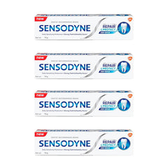 Sensodyne Repair and Protect 70g tube close-up showing enamel protection.
