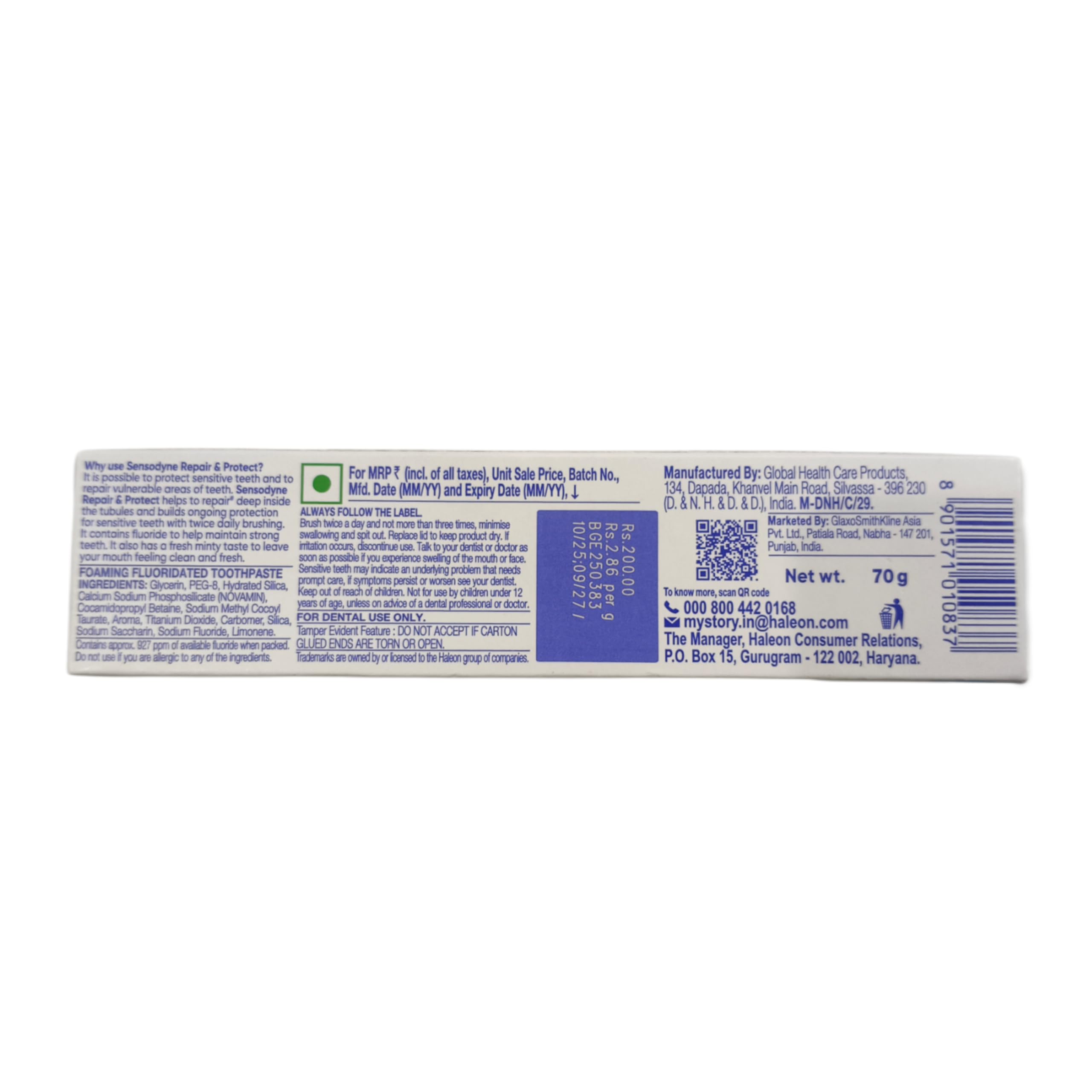 Close-up of Sensodyne Repair Protect toothpaste tube for sensitivity relief