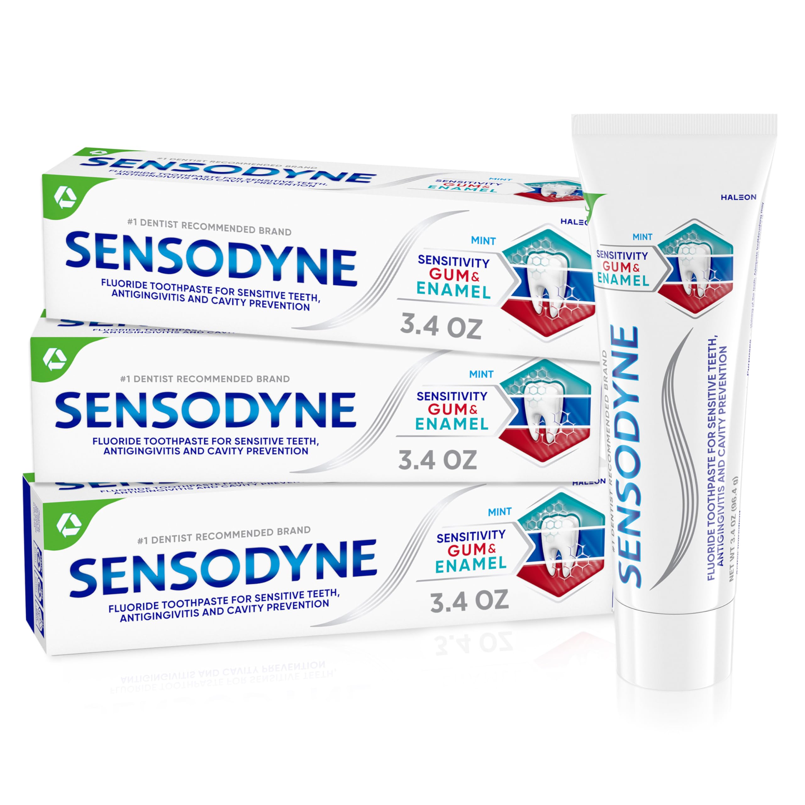 Sensodyne toothpaste front view with mint foam, highlighting sensitivity relief and triple protection.