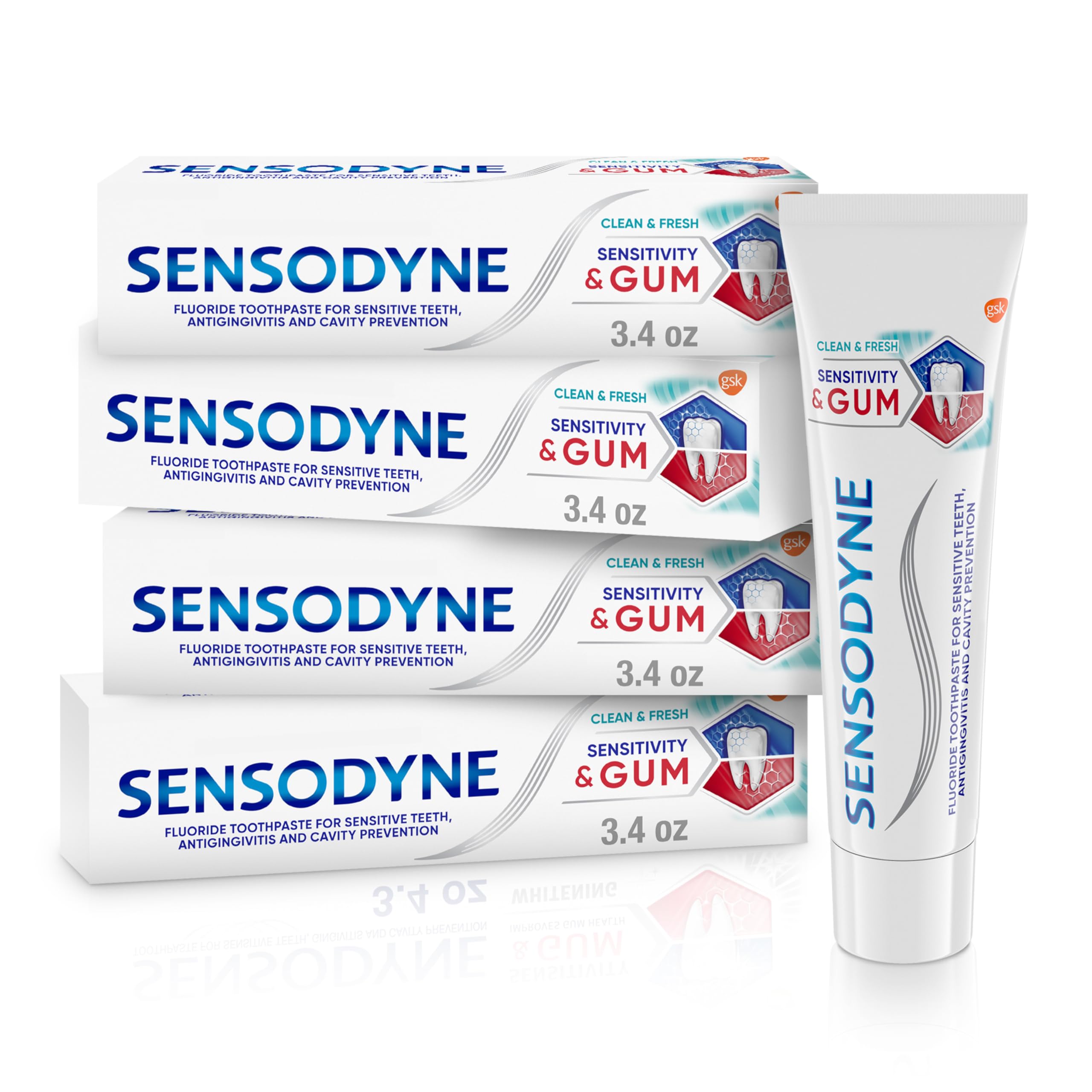 Sensodyne Sensitivity & Gum toothpaste tubes showing dual-action protection for sensitive teeth and gums