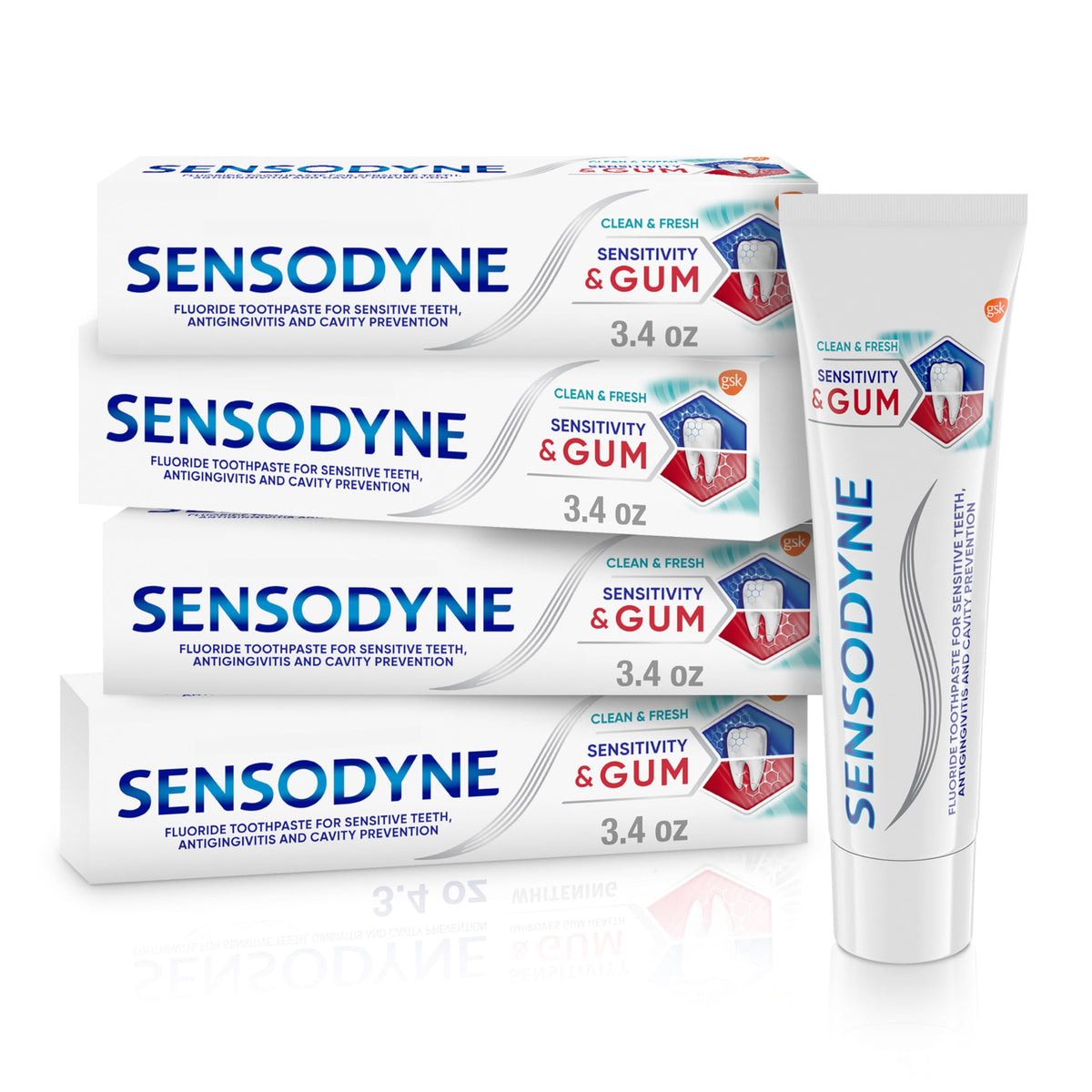 Sensodyne Sensitivity & Gum toothpaste tubes showing dual-action protection for sensitive teeth and gums