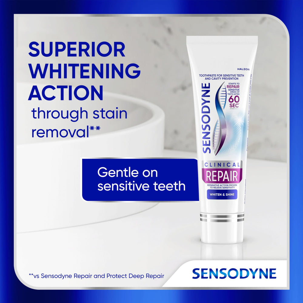 Close-up of whitening and stain-removal capability in Sensodyne paste.