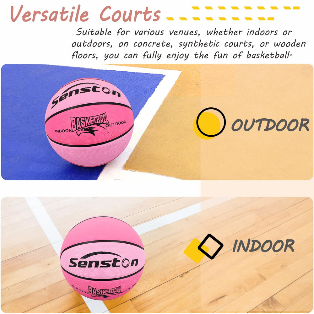 Senston pink 27.5-inch ball packaging showing pump included for convenience.