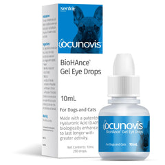 Sentrx Ocunovis gel eye drops bottle showing long-lasting lubrication for pets