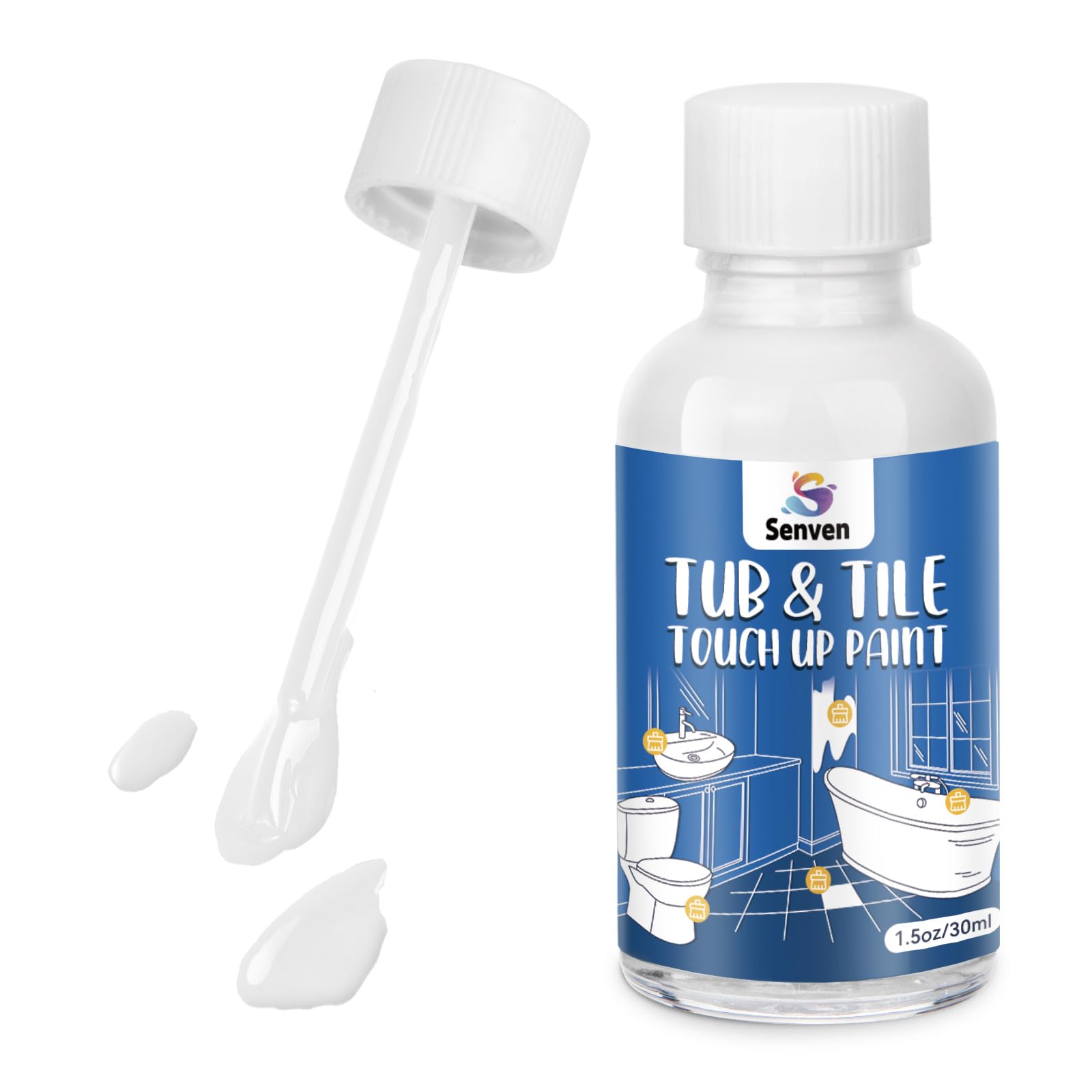 SENVEN tub tile gloss white paint kit bottle application for precise touch-ups on porcelain