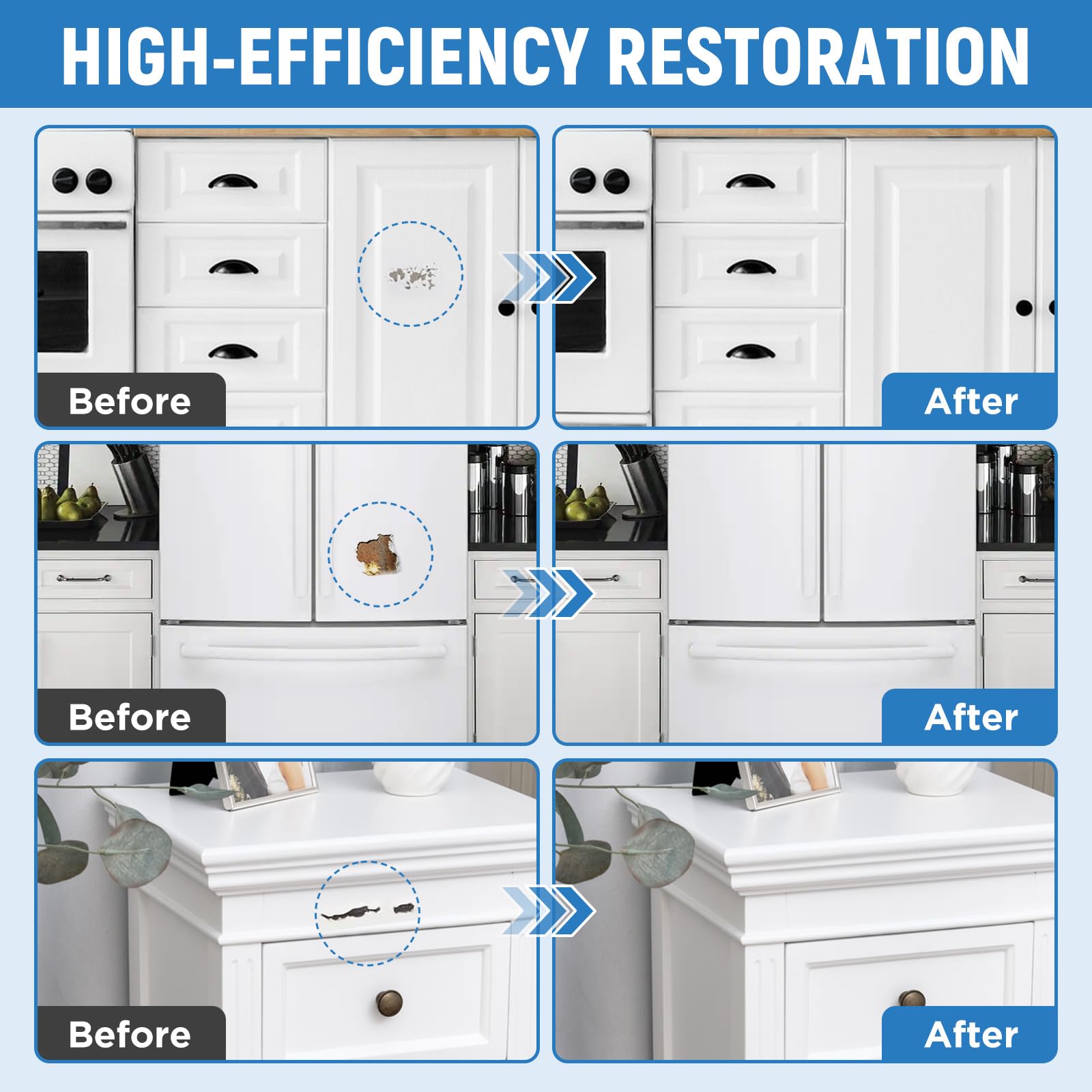 SENVEN white paint-pen touch-up on cabinet edges blends with enamel surfaces.