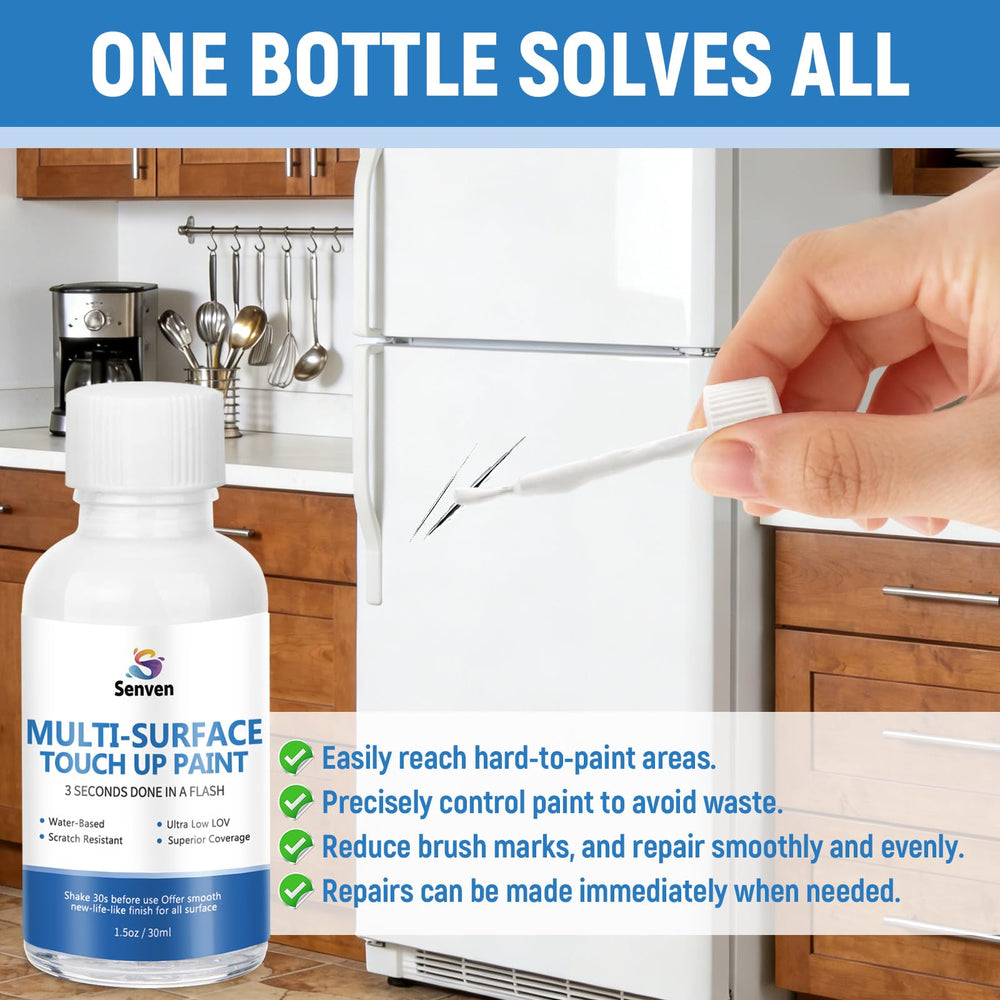 SENVEN white paint-pen repair on metal demonstrates durable, multi-surface coverage.