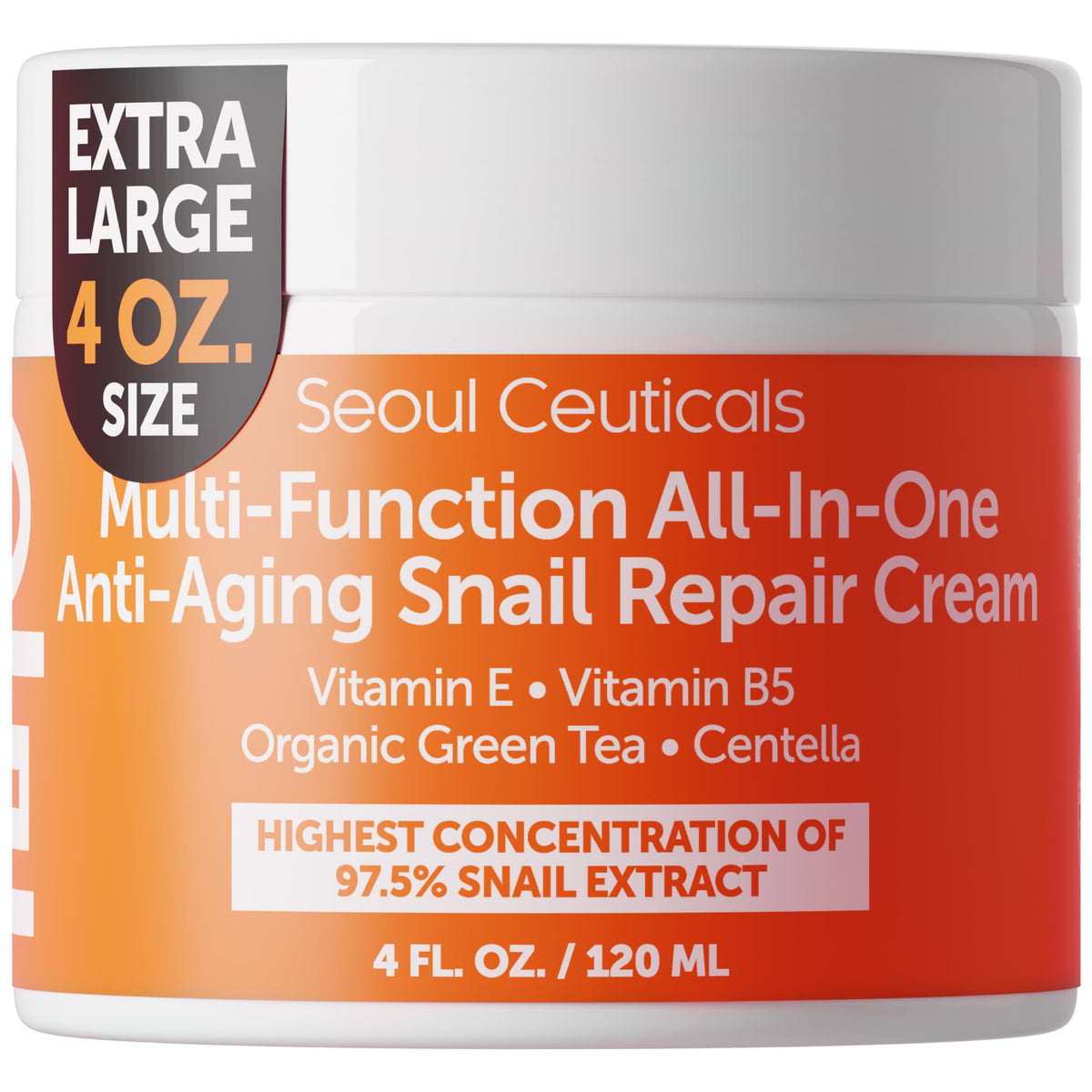 SeoulCeuticals large 4oz snail mucin bottle front showing premium day and night use
