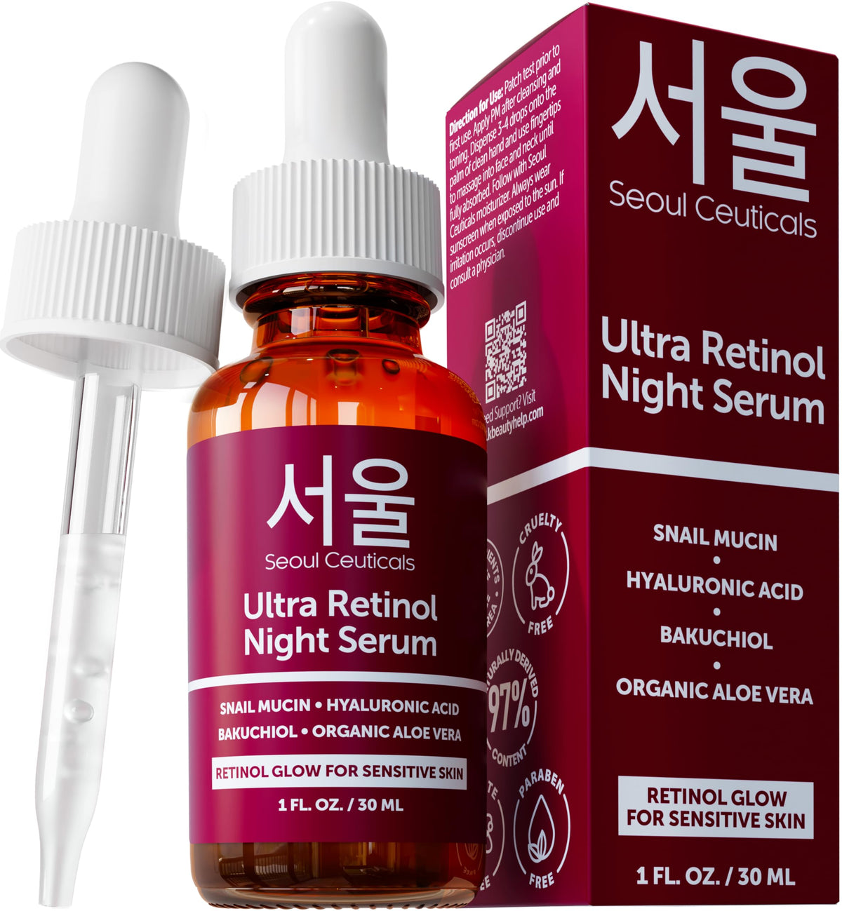 SeoulCeuticals 1% retinol night serum bottle enhances the evening skincare routine with potential renewal support.