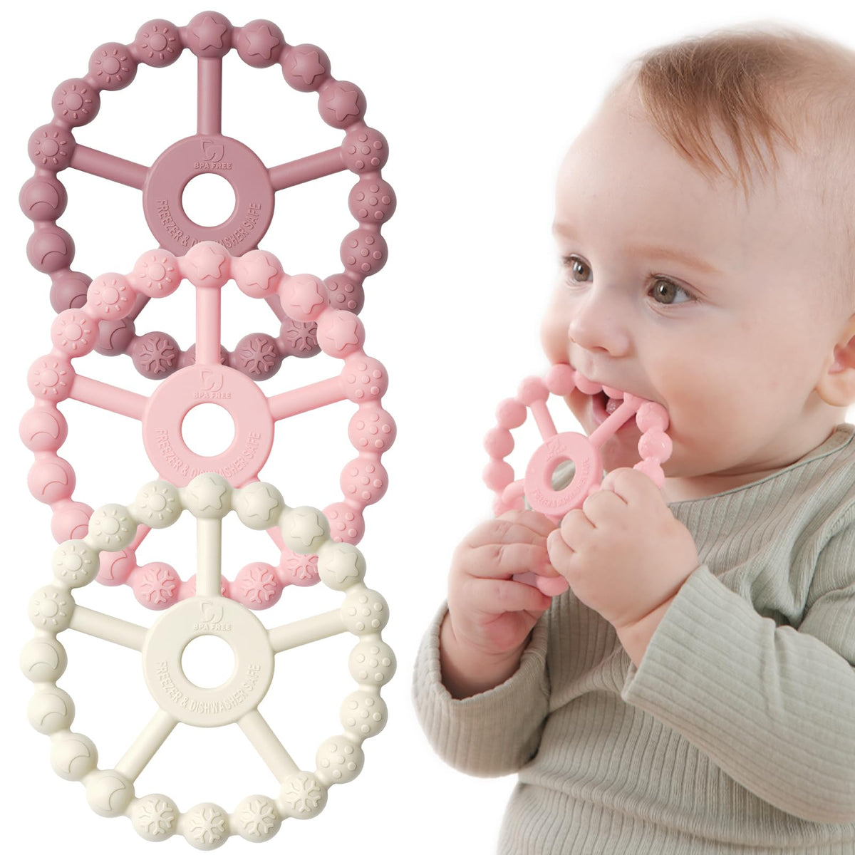 Seposeve ring teether with five textures on both sides to soothe gums.