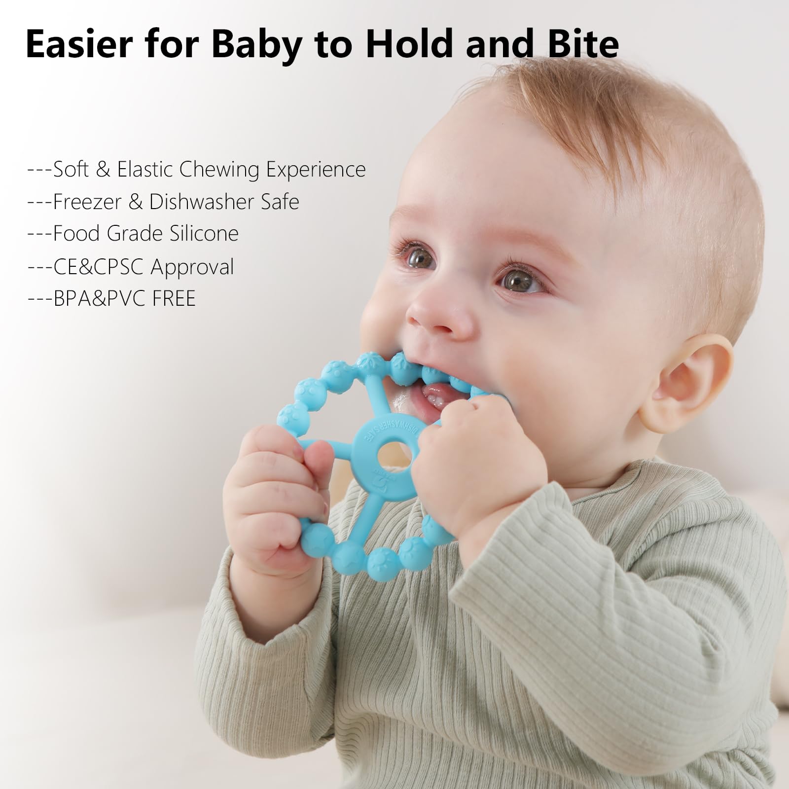 Seposeve easy-to-hold teether fits tiny fingers.