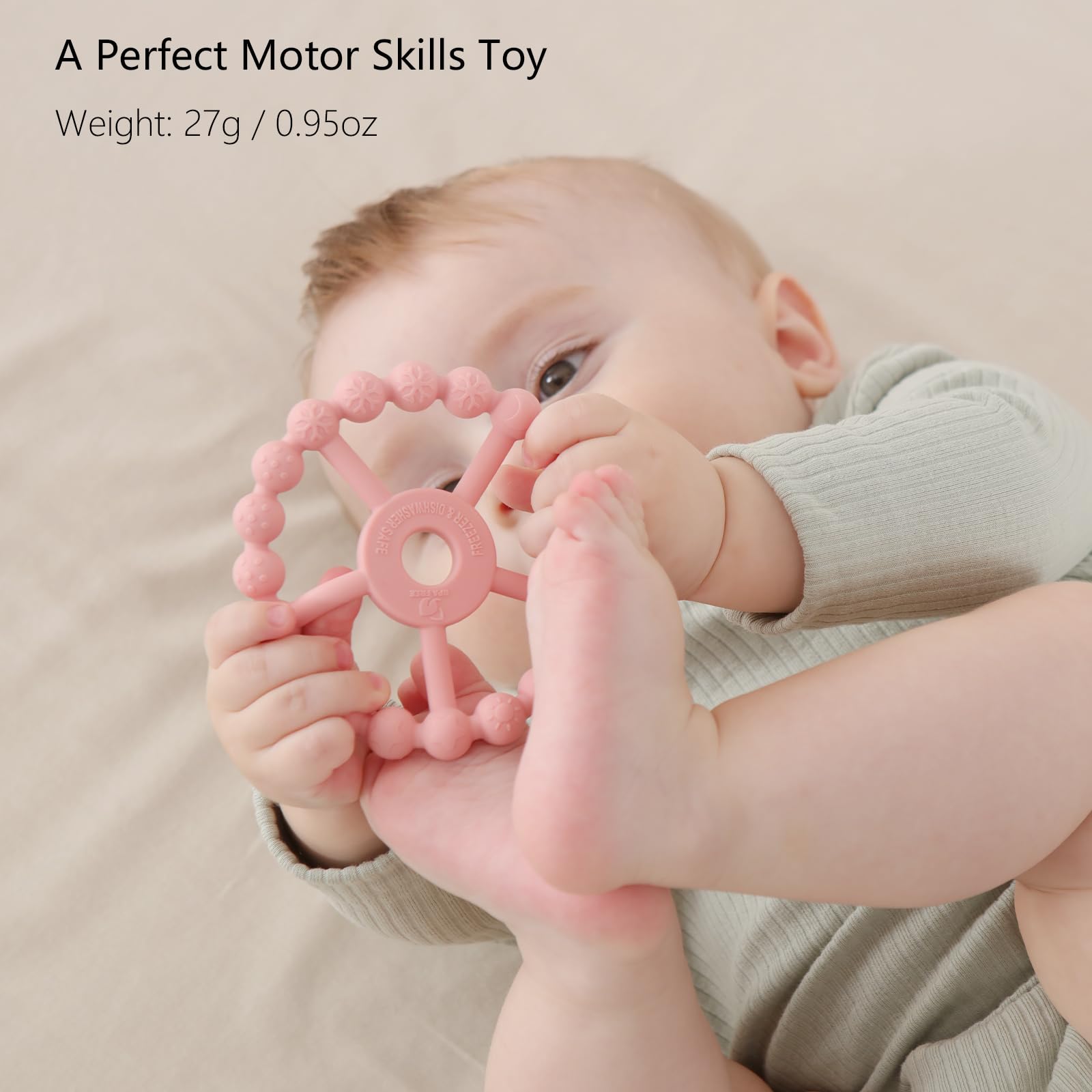 Seposeve silicone teether made from food-grade material for safe chewing.