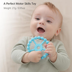 Seposeve teether with pacifier clip keeps it nearby.