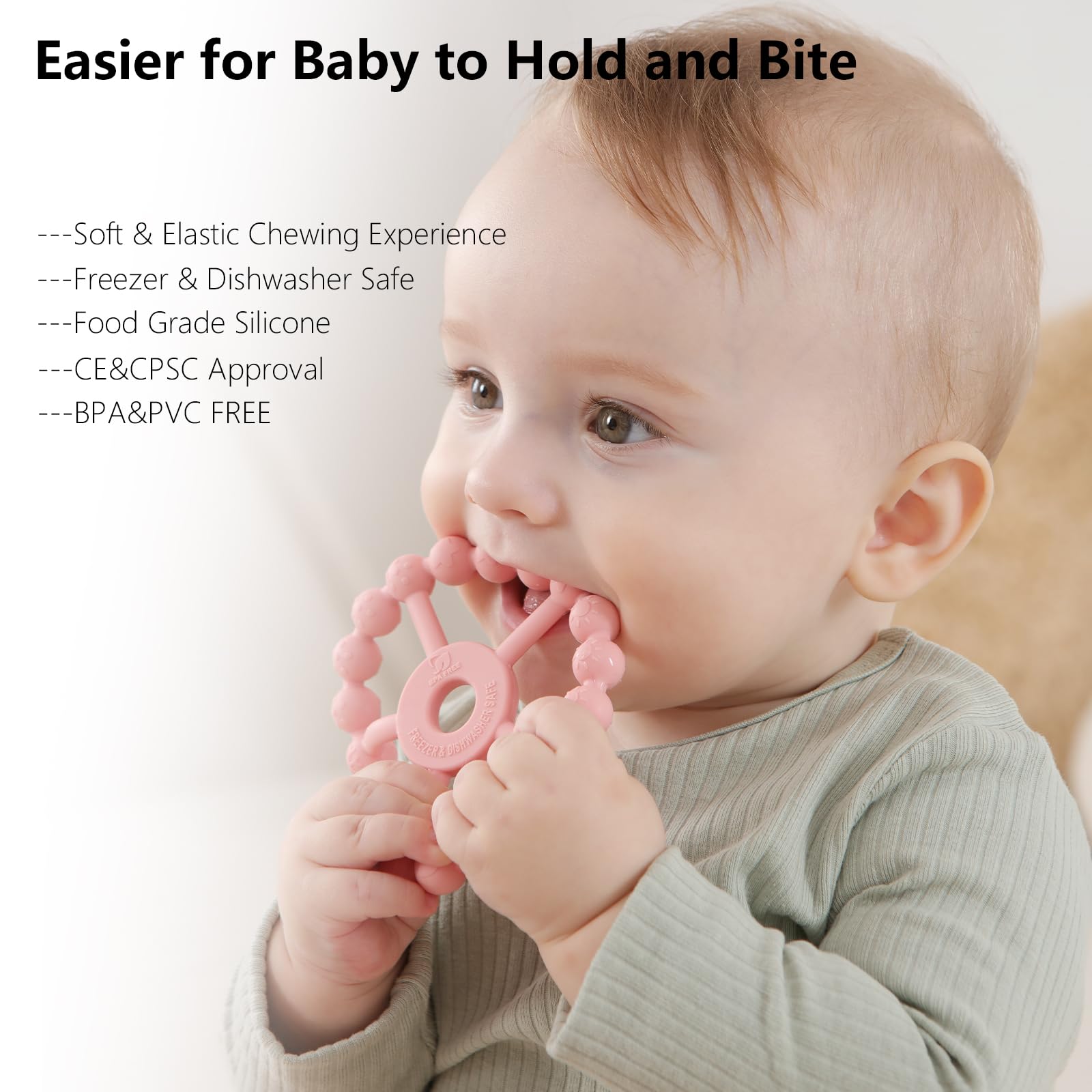 Seposeve teether pairs with pacifier clip to stay clean and within reach.