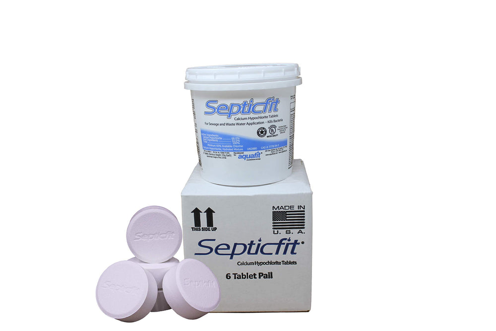 Septicfit chlorine tablet label closeup on resealable pail for storage.