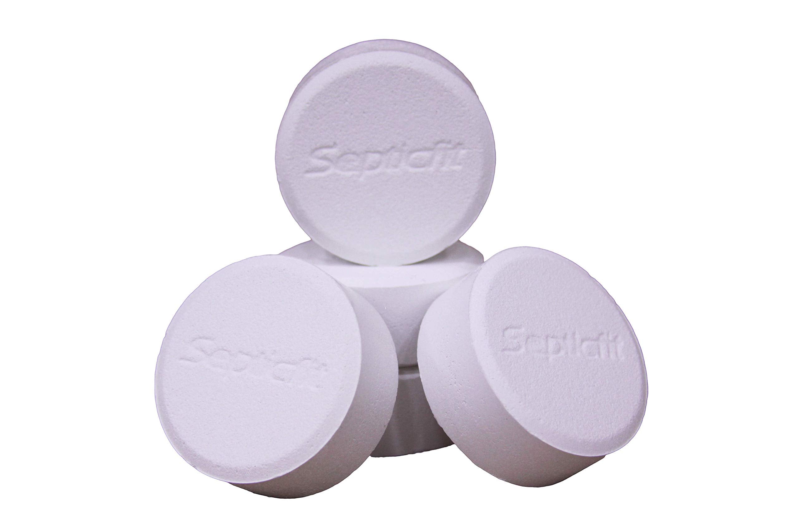 Septicfit chlorine tablet white tablet closeup emphasizing quality.