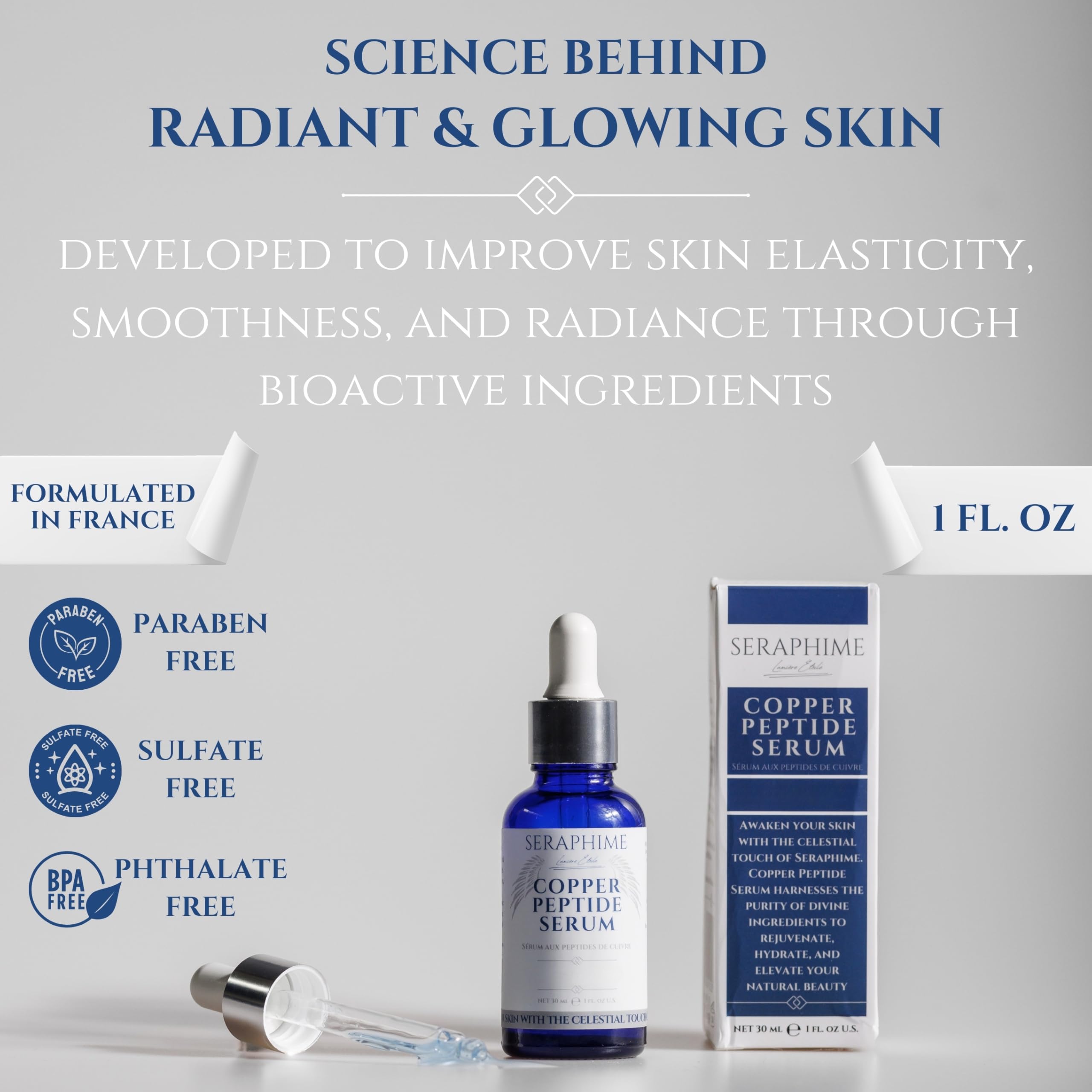 1 fl oz Seraphime serum bottle shown in daily routine setup
