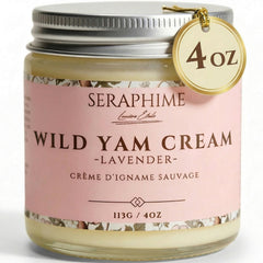 Seraphime Wild Yam Cream bottle demonstrates premium hormone balance support.