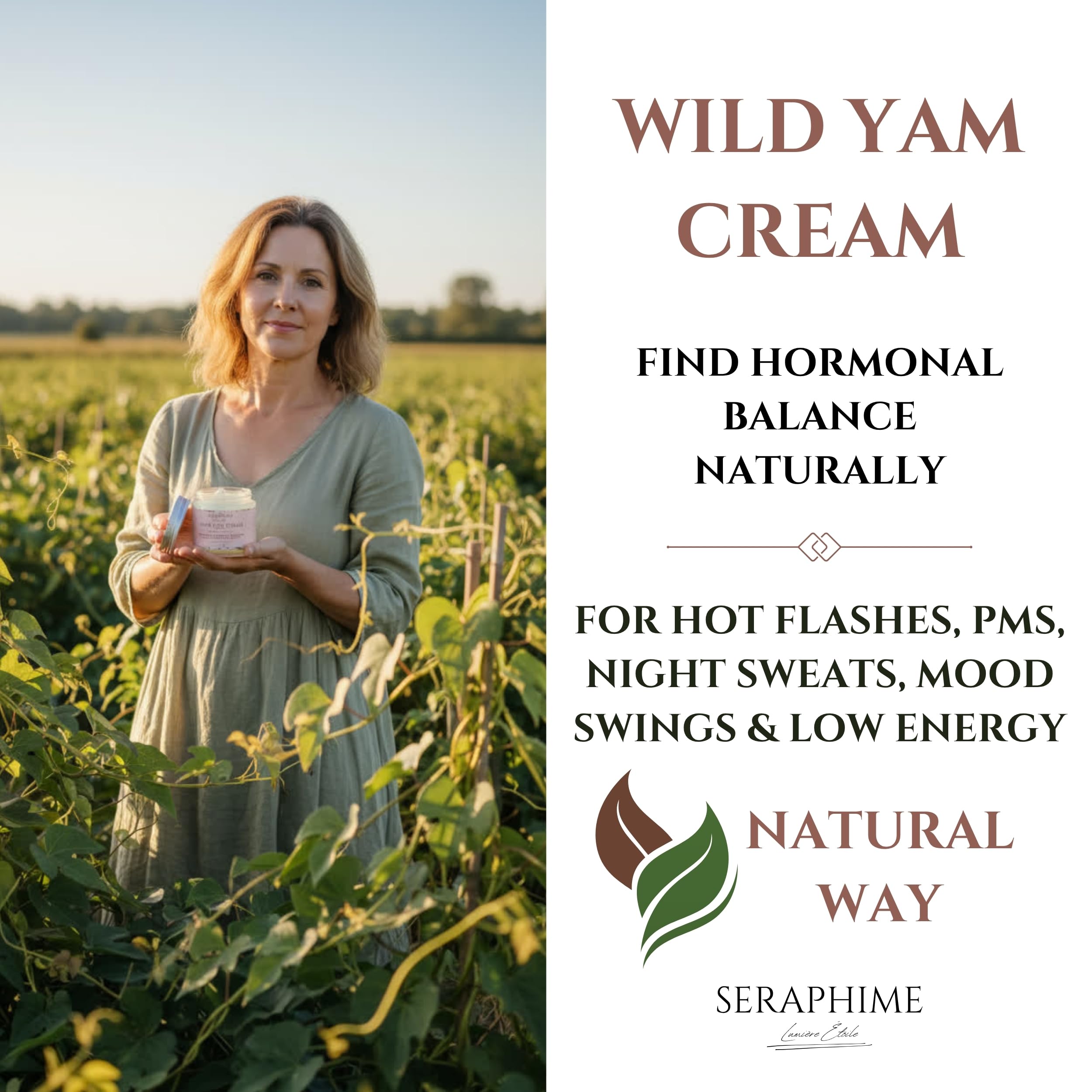 Seraphime Wild Yam Cream jar closeup highlights rich texture for daily comfort.