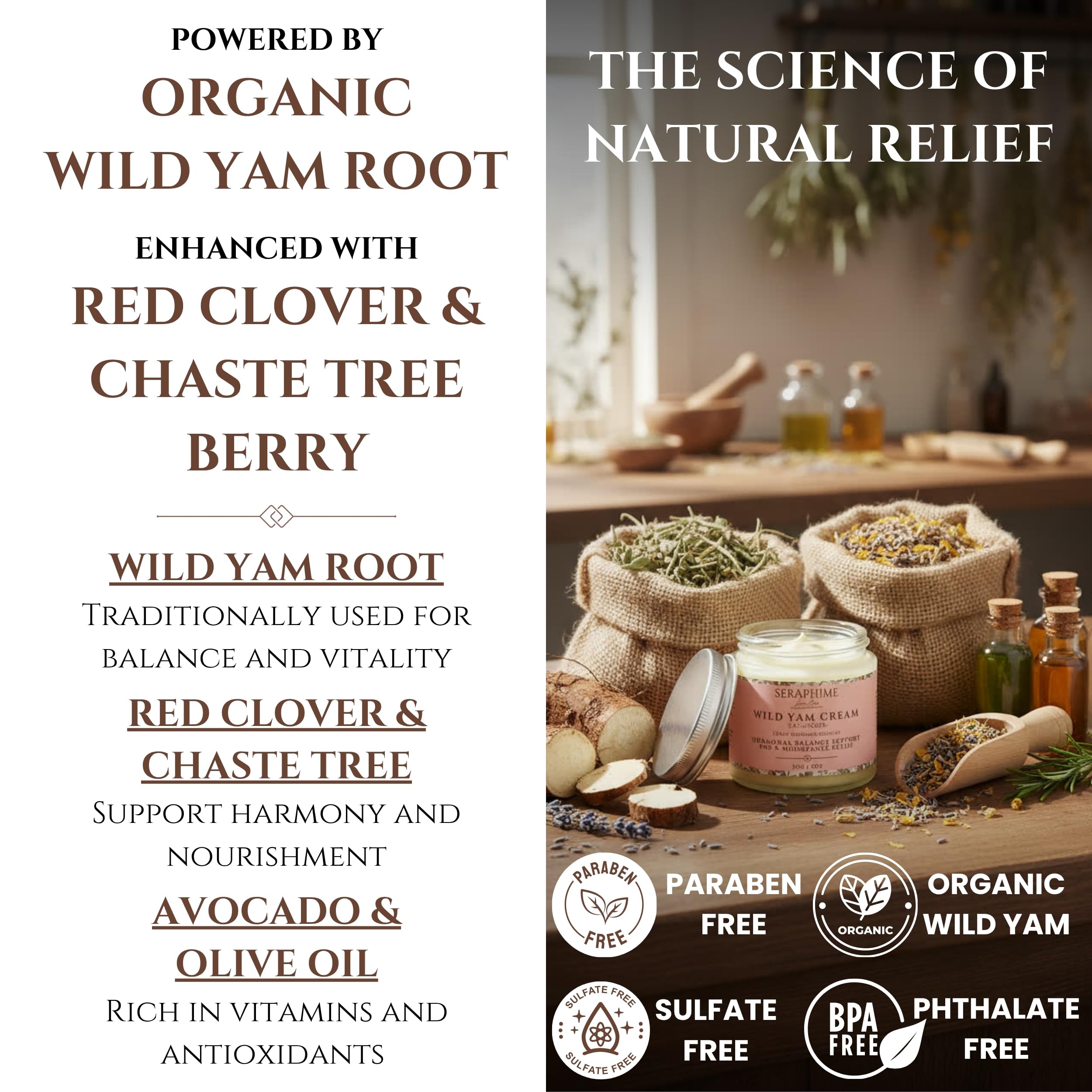 Seraphime Wild Yam Cream texture image shows nourishing botanical blend for skin.