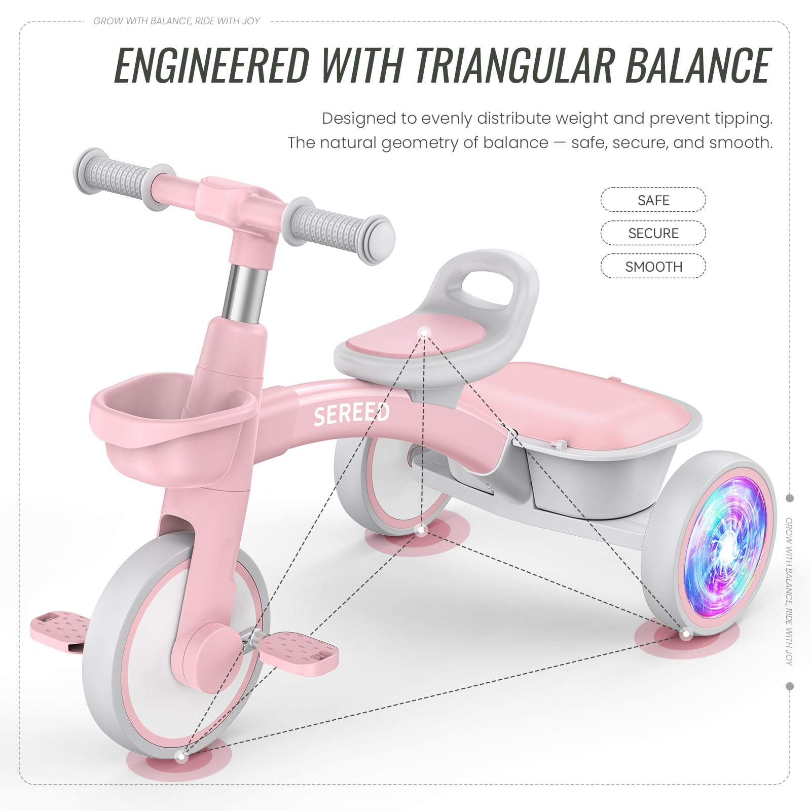 SEREED pink tricycle adjustable seat ensures growing comfort.