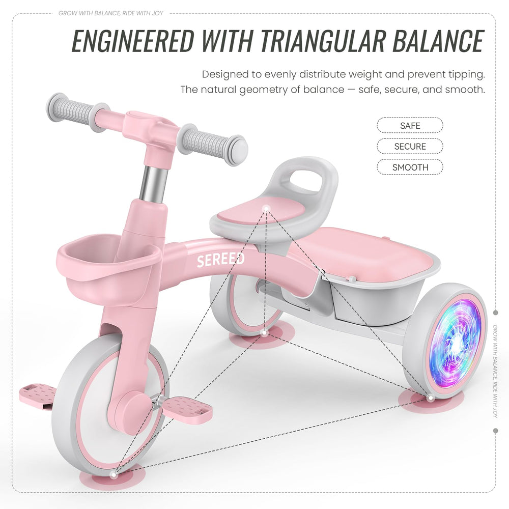 SEREED pink tricycle adjustable seat ensures growing comfort.