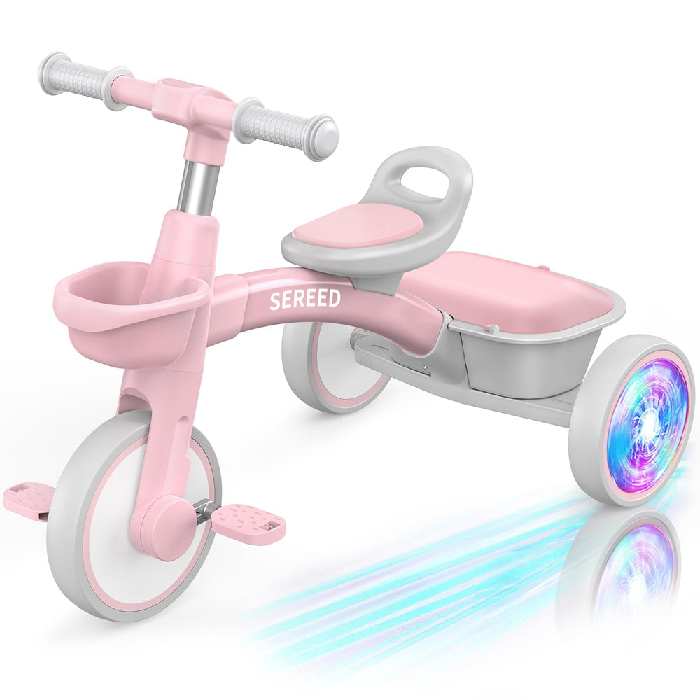 SEREED pink tricycle ready for quick assembly and fun outdoor riding.