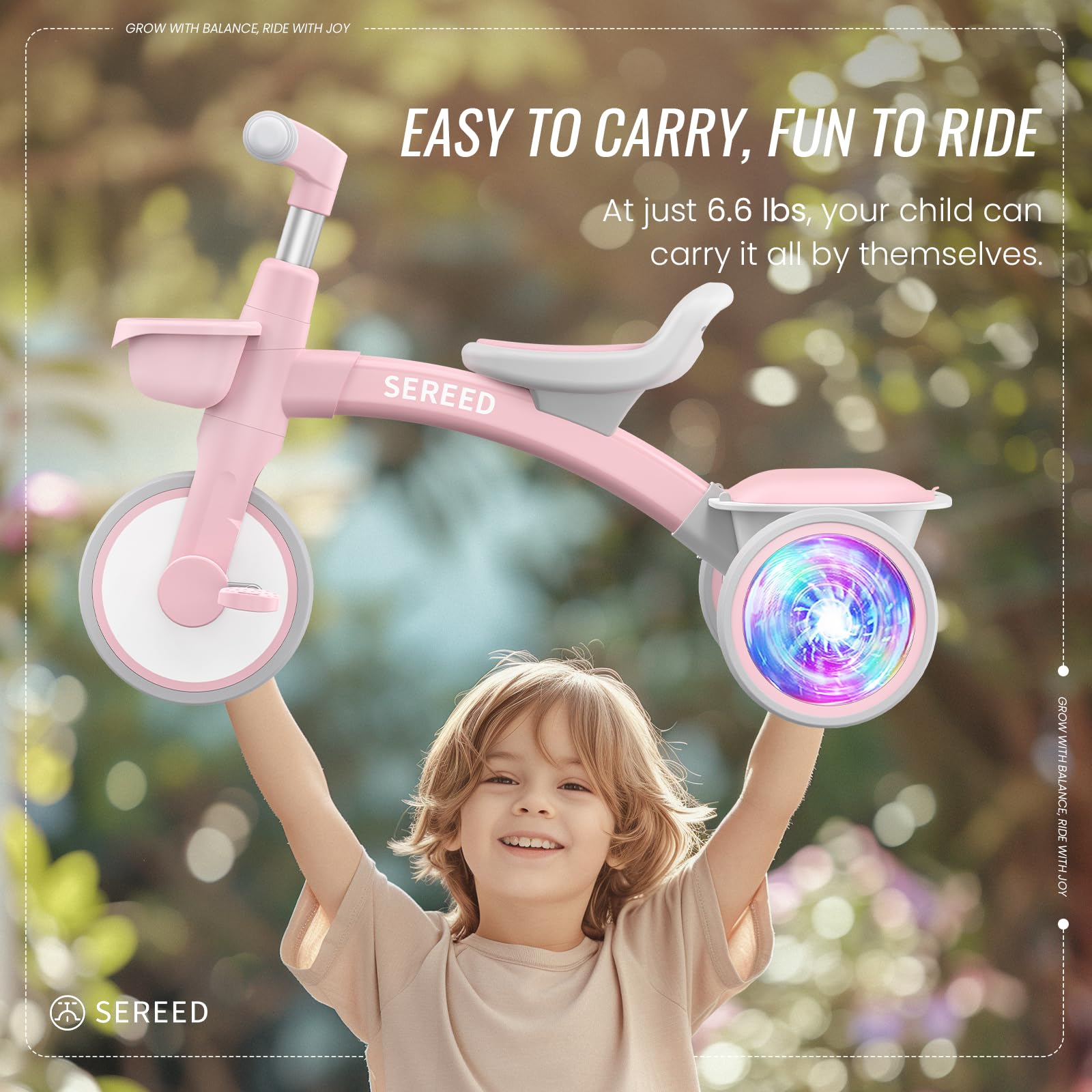 SEREED pink tricycle lightweight design lets kids move freely.