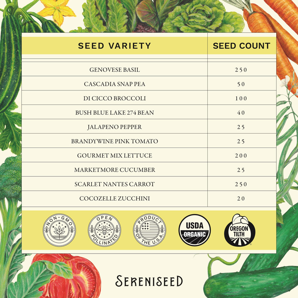 Sereniseed broccoli seeds label highlighting open-pollinated option.