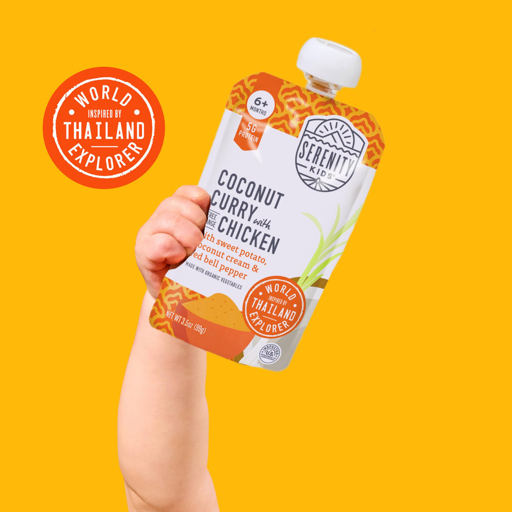 Serenity Kids pouch label highlights no added sugar for taste testing.