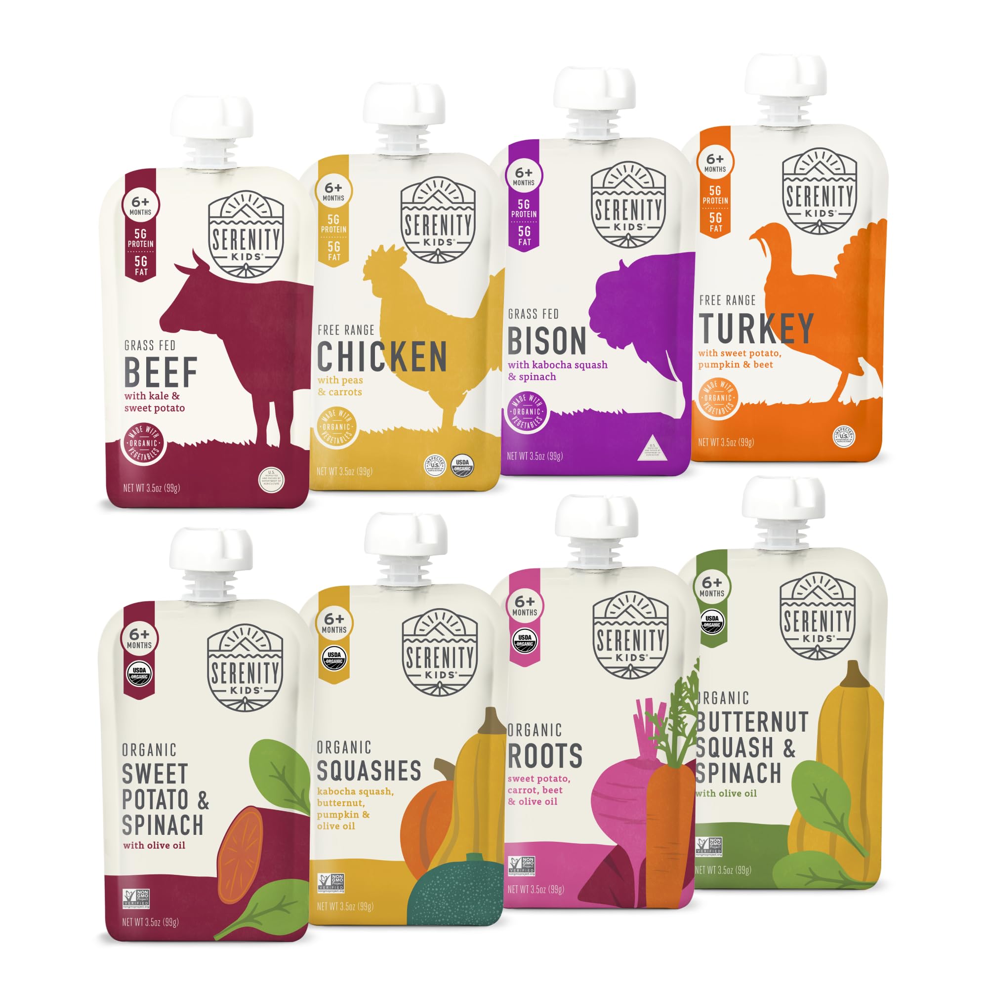 Serenity Kids 6+ months pouches front view for quick, on-the-go meals.