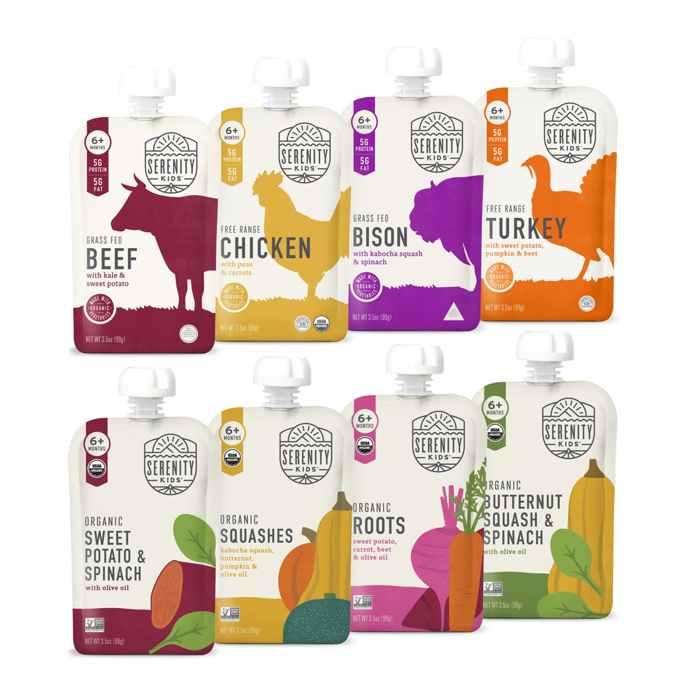 Serenity Kids 6+ months pouches front view for quick, on-the-go meals.