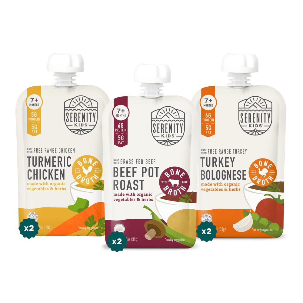 Serenity Kids bone broth pouch front view highlighting protein-rich toddler nutrition.