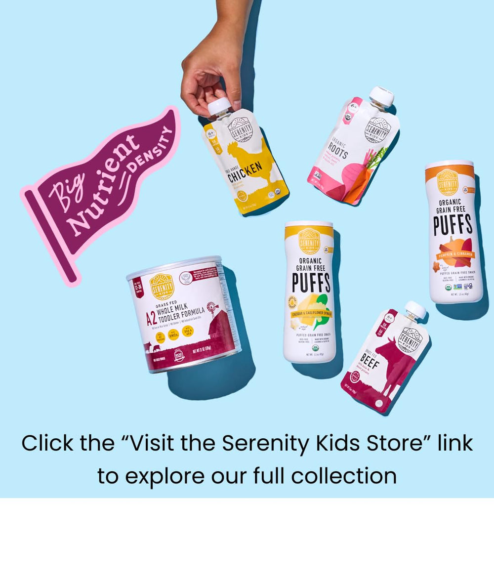Serenity Kids meat pouch serving demonstration in bowl shows portion size.